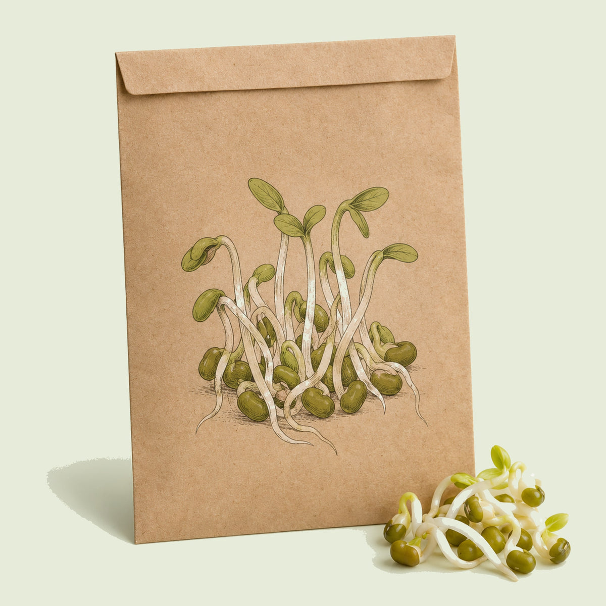 Kraft seed packet illustrated with Mung Bean Sprouts, with fresh Mung Bean Sprouts beside it
