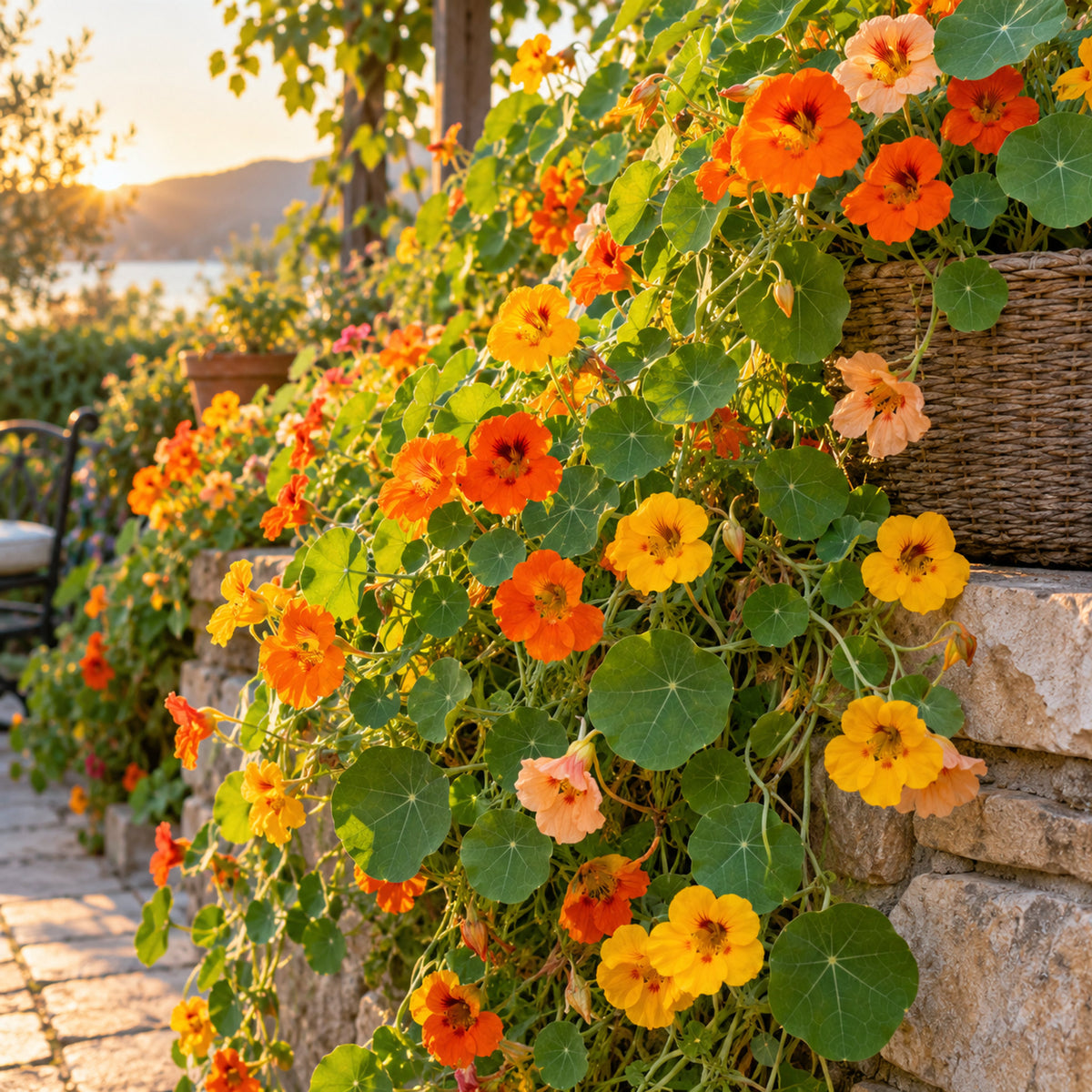 Nasturtium Fiesta Blend Flower Seeds growing in a home garden