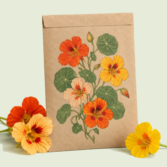 Kraft seed packet illustrated with Nasturtium Fiesta Blend Flower, with fresh Nasturtium Fiesta Blend Flower beside it