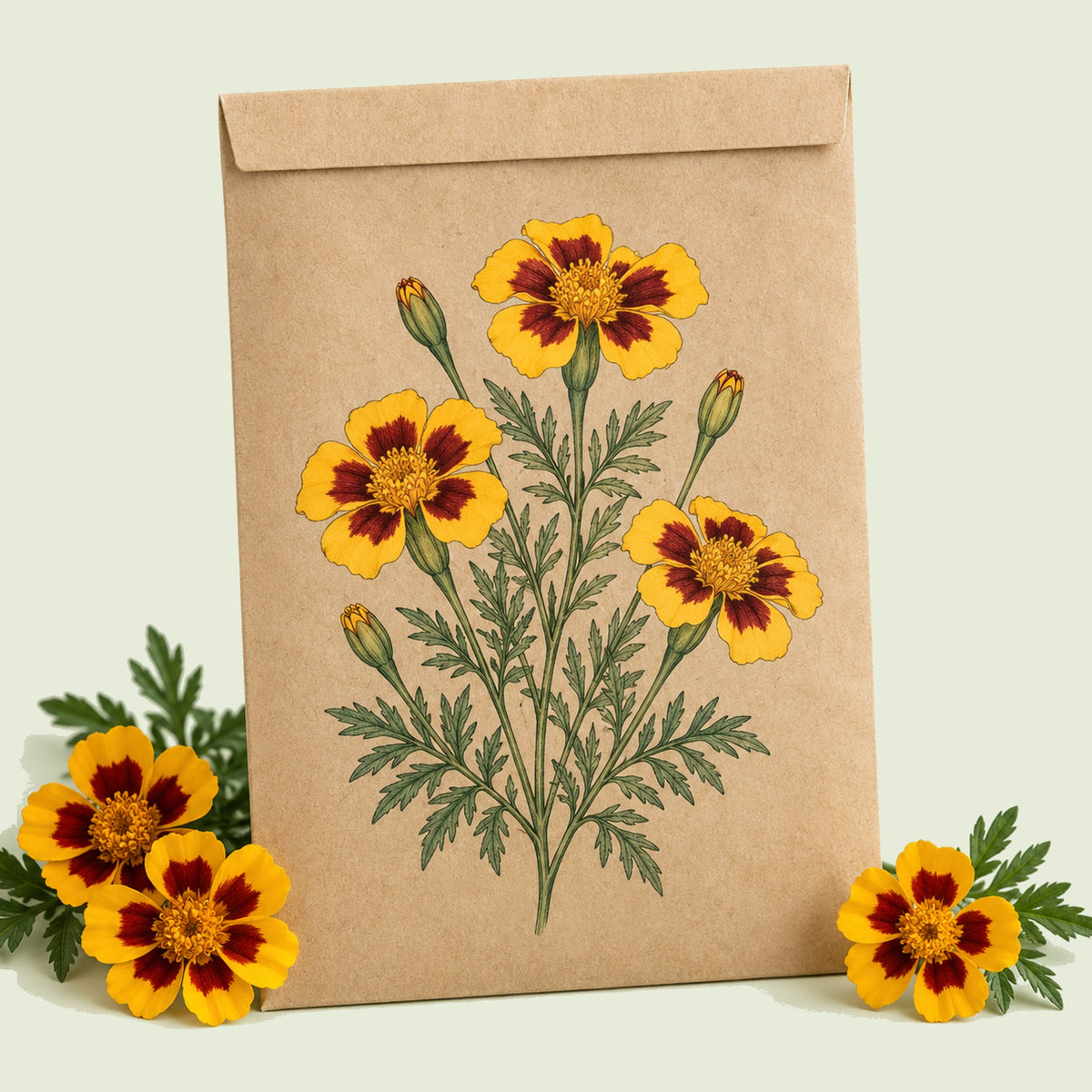 Kraft seed packet illustrated with Naughty Marietta French Marigold, with fresh Naughty Marietta French Marigold beside it