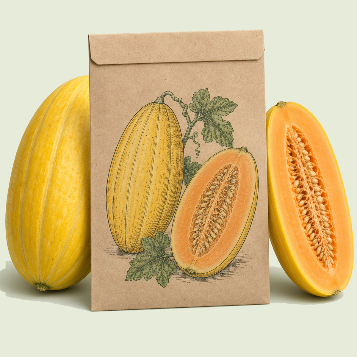 Kraft seed packet illustrated with Navajo Yellow Melon, with fresh Navajo Yellow Melon beside it