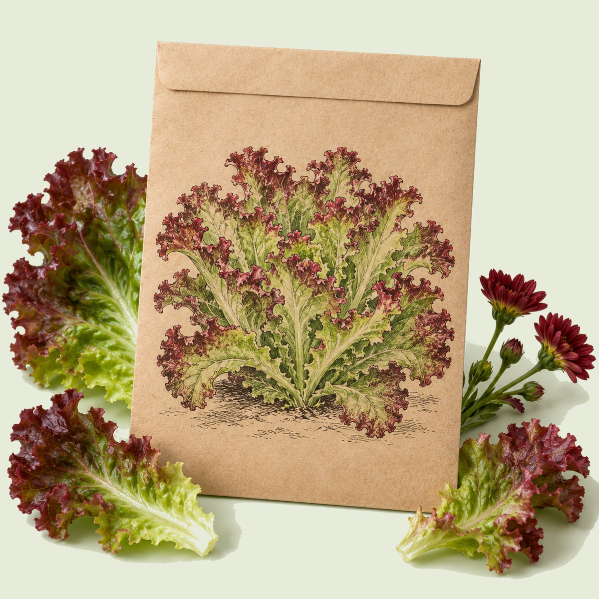 Kraft seed packet illustrated with New Red Fire Lettuce, with fresh New Red Fire Lettuce beside it