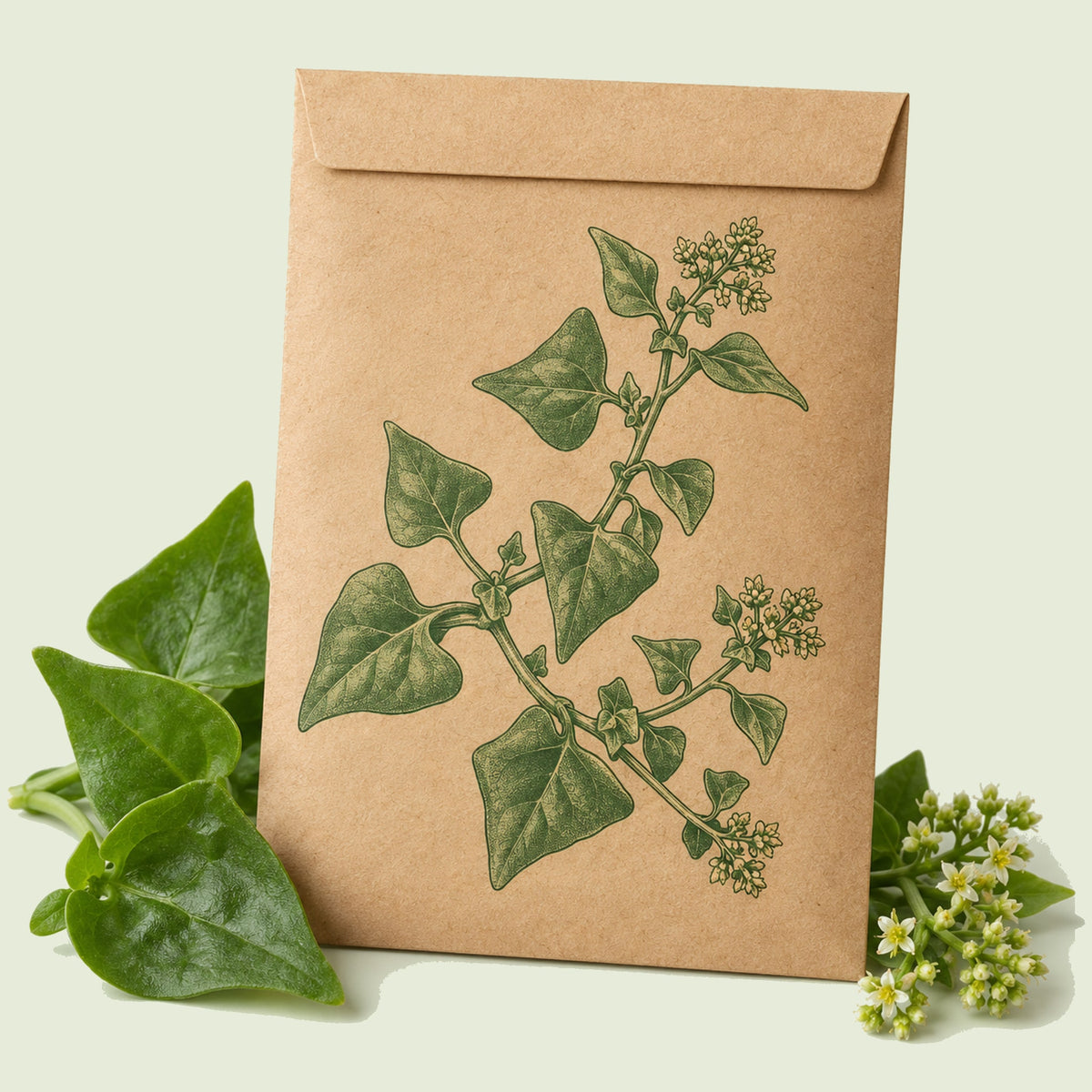 Kraft seed packet illustrated with New Zealand Spinach, with fresh New Zealand Spinach beside it