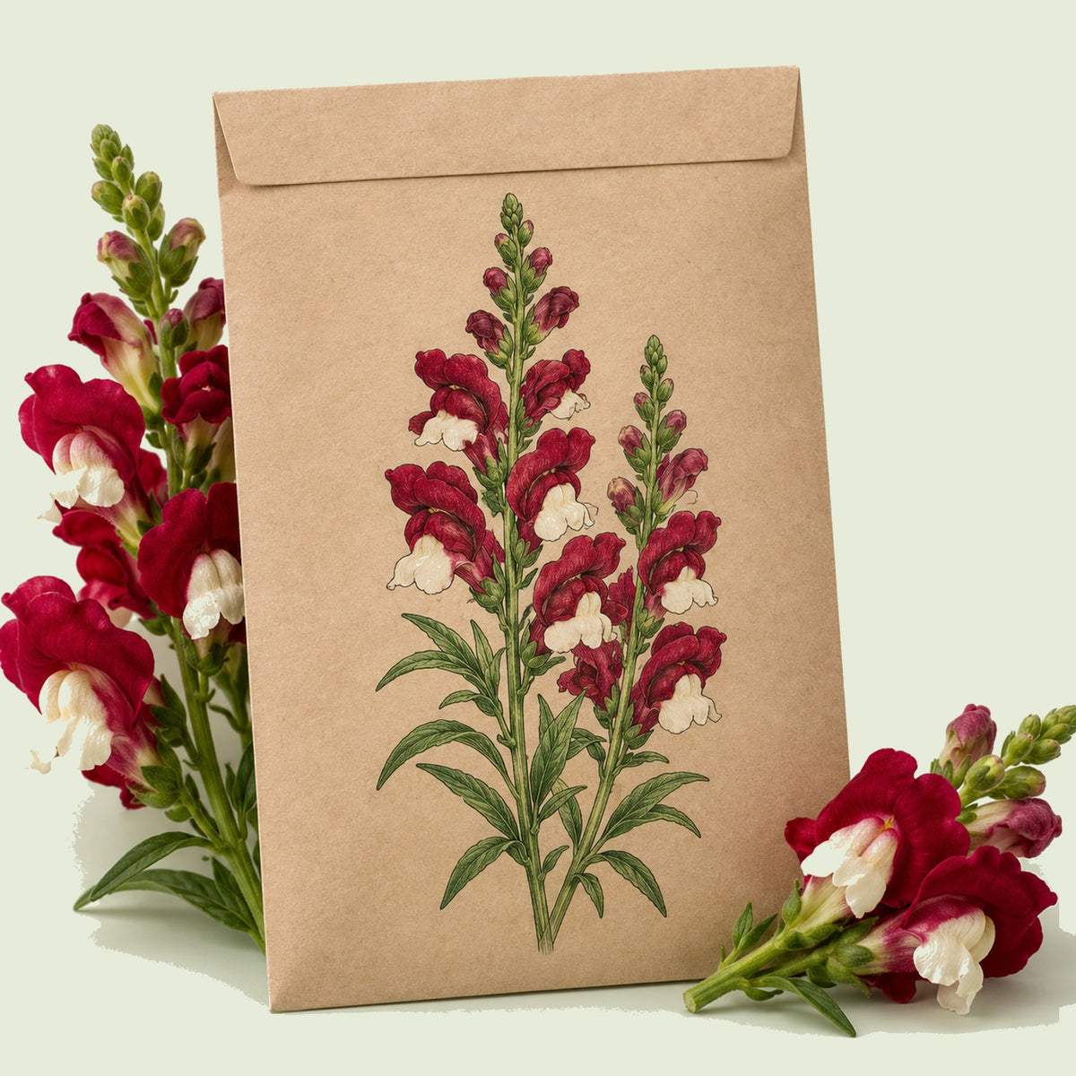 Kraft seed packet illustrated with Night and Day Snapdragon, with fresh Night and Day Snapdragon beside it