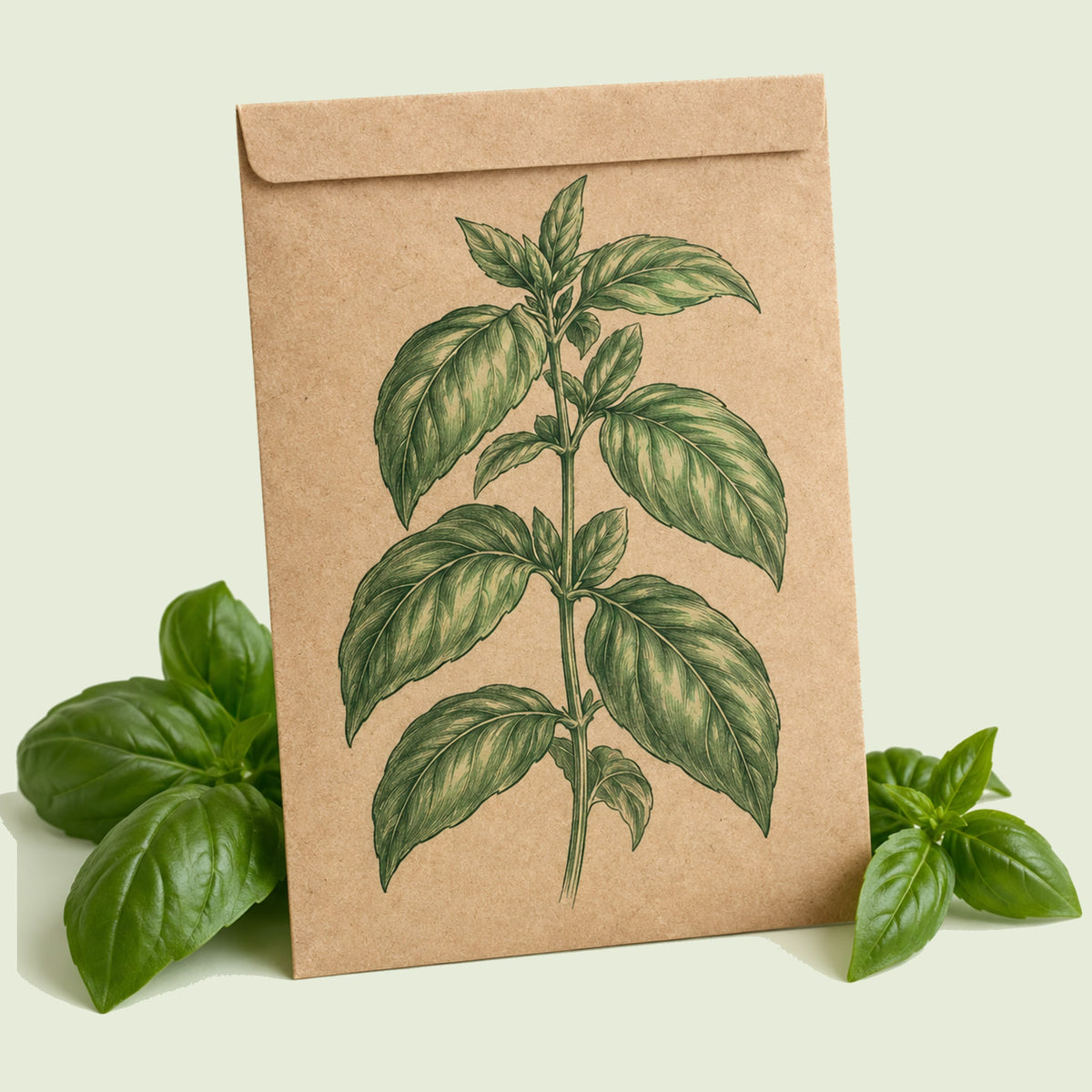 Kraft seed packet illustrated with Noga Basil, with fresh Noga Basil beside it