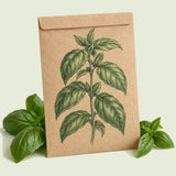 Kraft seed packet illustrated with Noga Basil, with fresh Noga Basil beside it