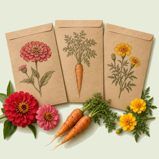 Kraft seed packet illustrated with Northeast Garden Seed Bundle, with fresh Northeast Garden Seed Bundle beside it