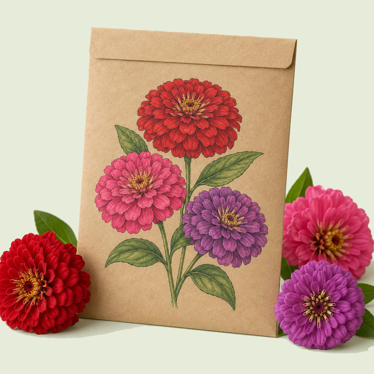 Kraft seed packet illustrated with Northern Lights Zinnia Blend, with fresh Northern Lights Zinnia Blend beside it