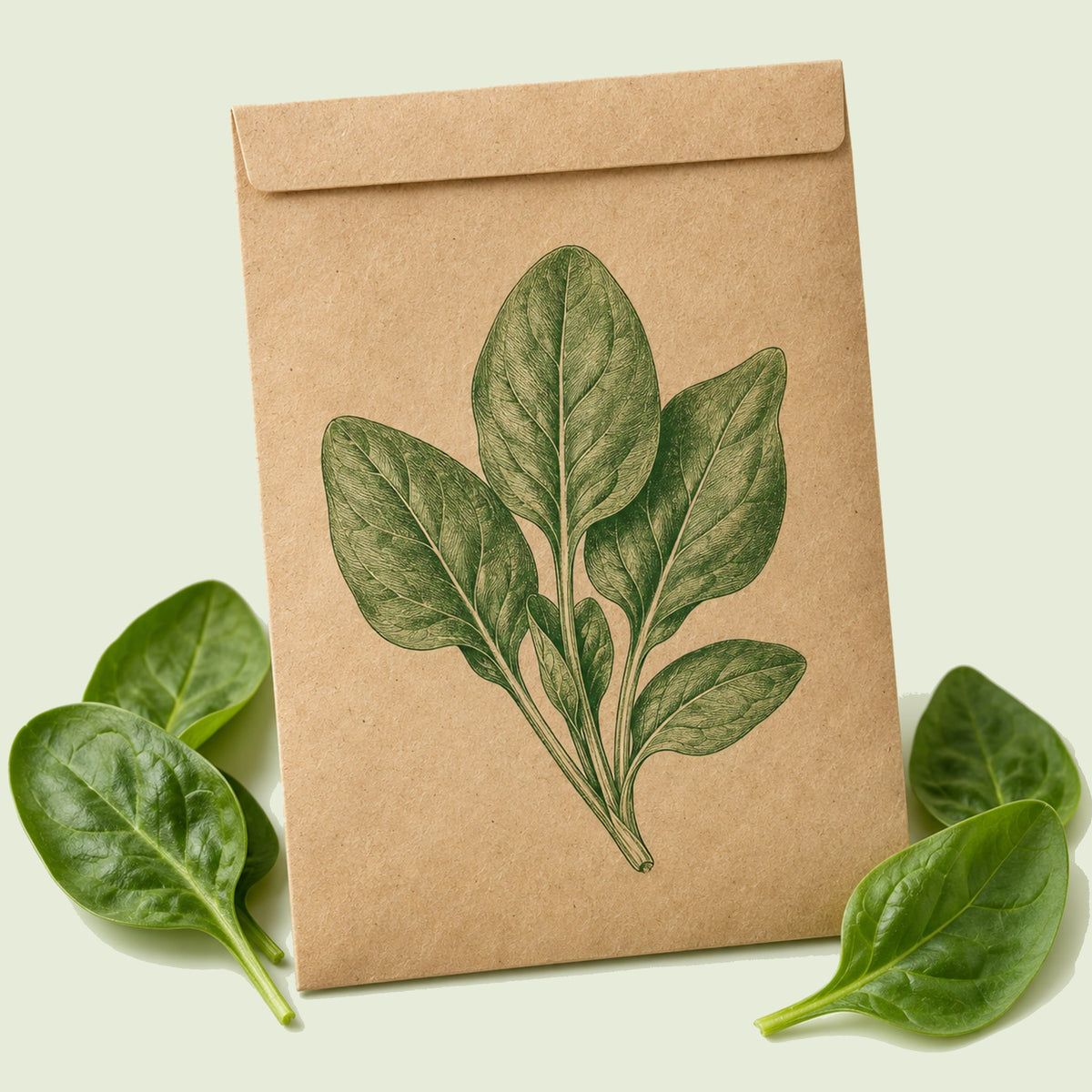 Kraft seed packet illustrated with Oceanside Spinach, with fresh Oceanside Spinach beside it