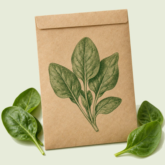 Kraft seed packet illustrated with Oceanside Spinach, with fresh Oceanside Spinach beside it