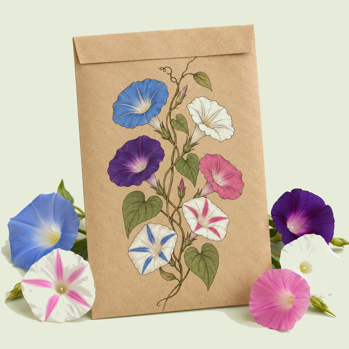 Kraft seed packet illustrated with Old and New Morning Glory Mix, with fresh Old and New Morning Glory Mix beside it