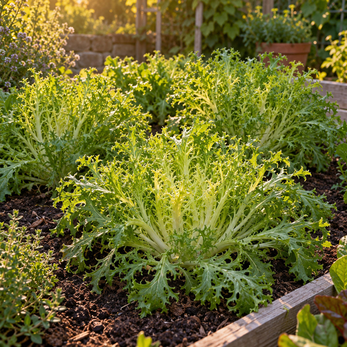 Olesh Tres Fine Endive Seeds growing in a home garden