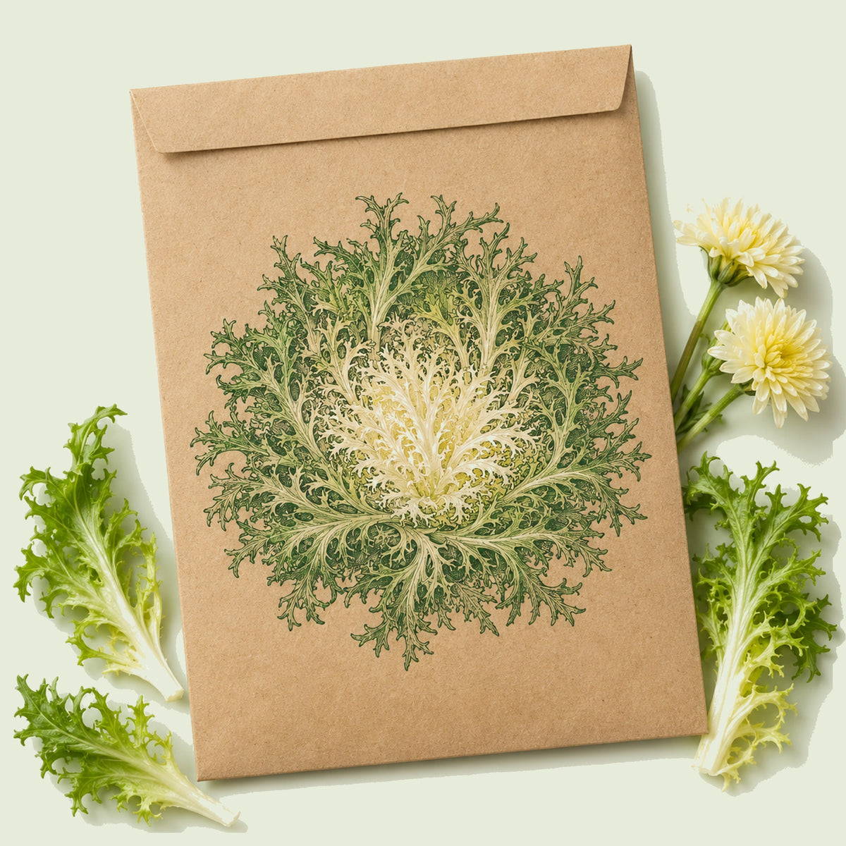 Kraft seed packet illustrated with Olesh Tres Fine Endive, with fresh Olesh Tres Fine Endive beside it