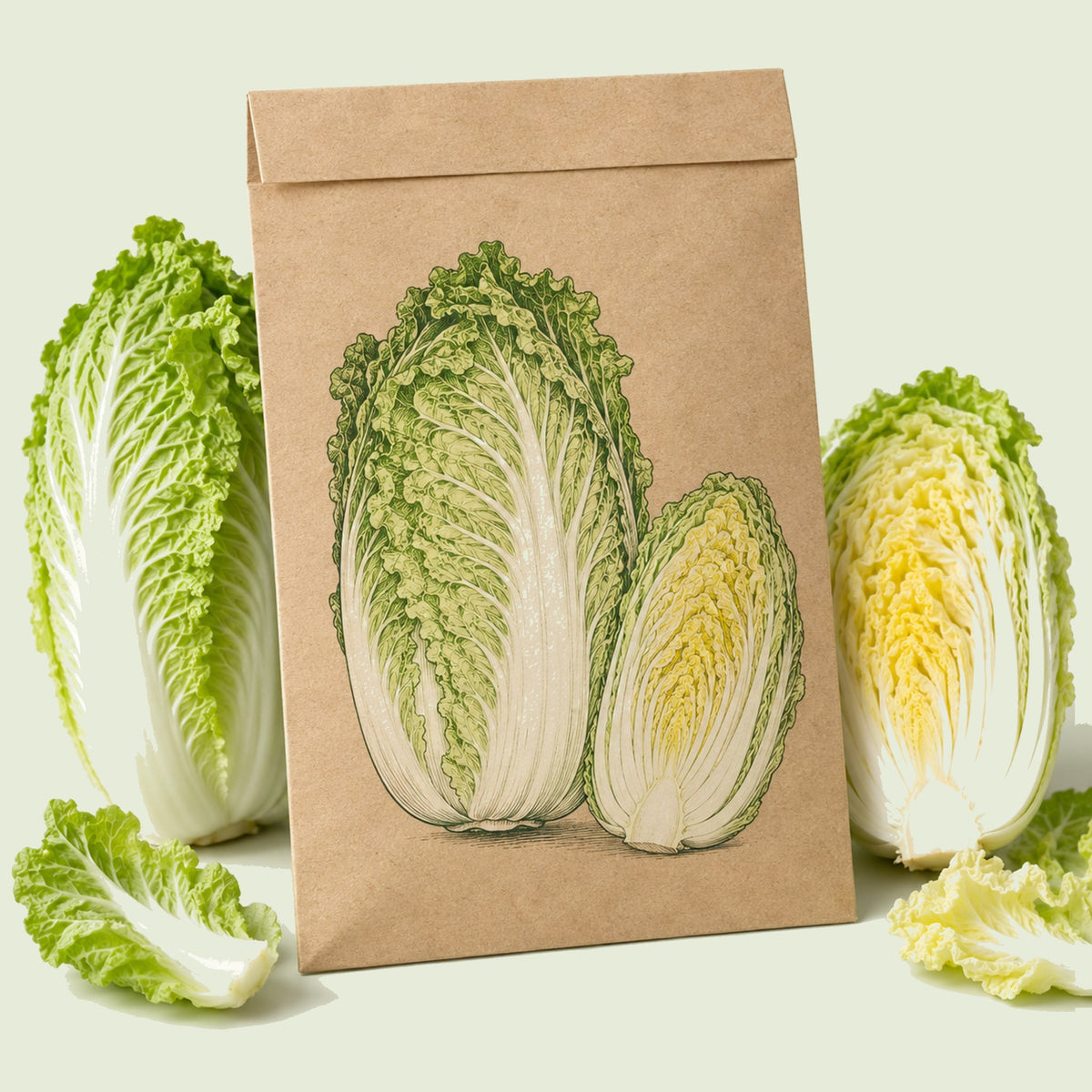 Kraft seed packet illustrated with One Kilo Slow Bolt Napa Cabbage, with fresh One Kilo Slow Bolt Napa Cabbage beside it