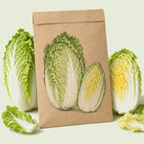 Kraft seed packet illustrated with One Kilo Slow Bolt Napa Cabbage, with fresh One Kilo Slow Bolt Napa Cabbage beside it