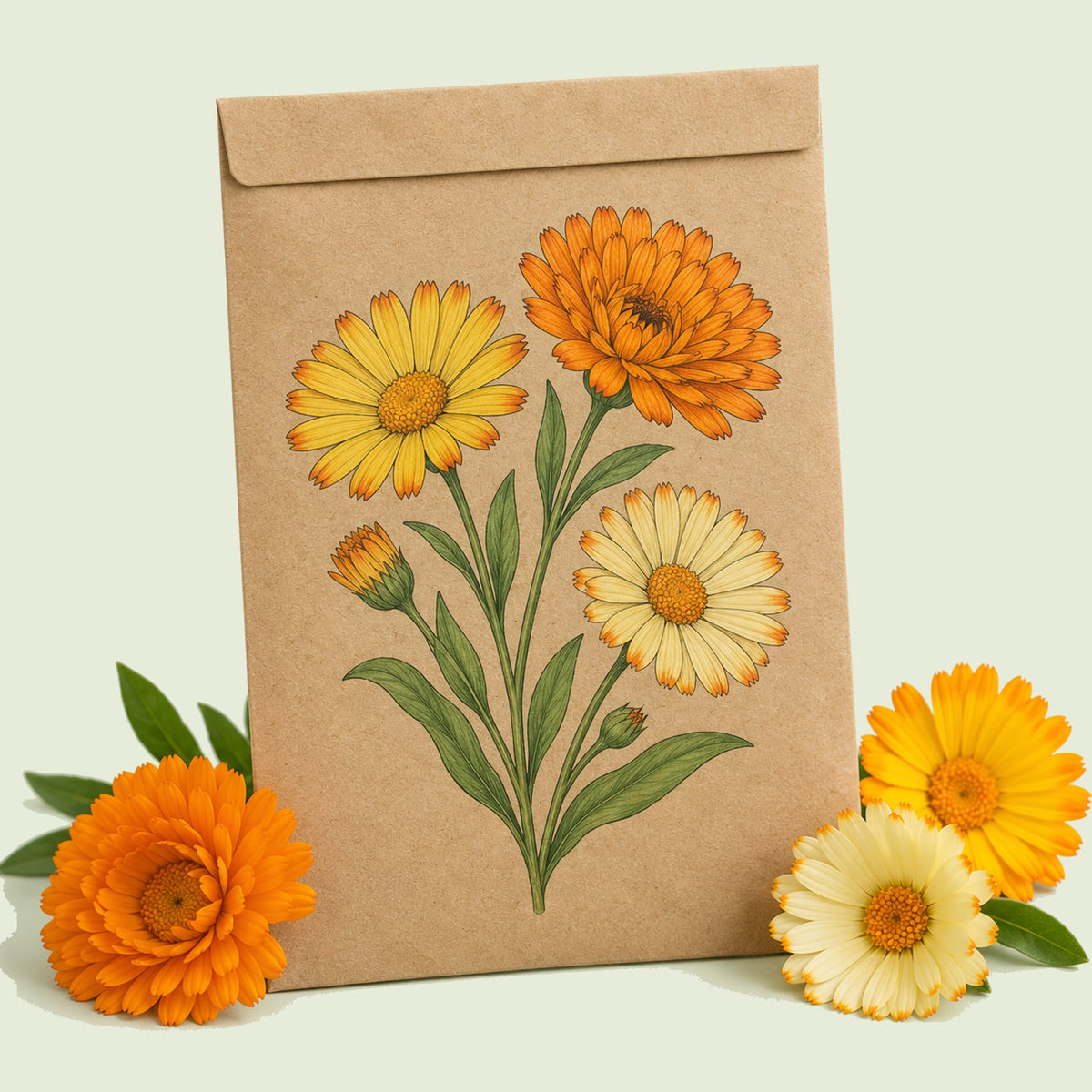 Kraft seed packet illustrated with Oopsy Daisy Calendula, with fresh Oopsy Daisy Calendula beside it