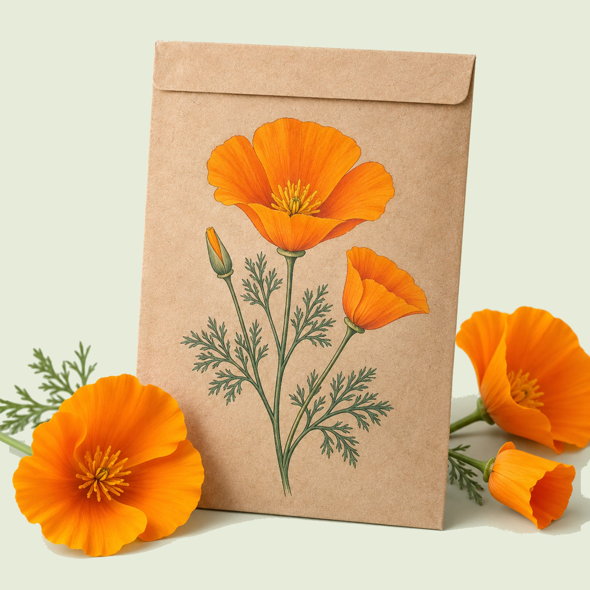Kraft seed packet illustrated with Orange California Poppy Seed Shaker, with fresh Orange California Poppy Seed Shaker beside it
