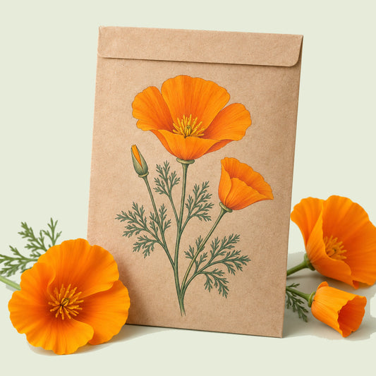 Kraft seed packet illustrated with Orange California Poppy Seed Shaker, with fresh Orange California Poppy Seed Shaker beside it