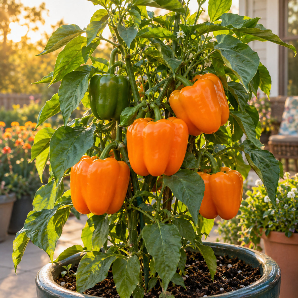 Orange Sun Sweet Pepper Seeds growing in a home garden