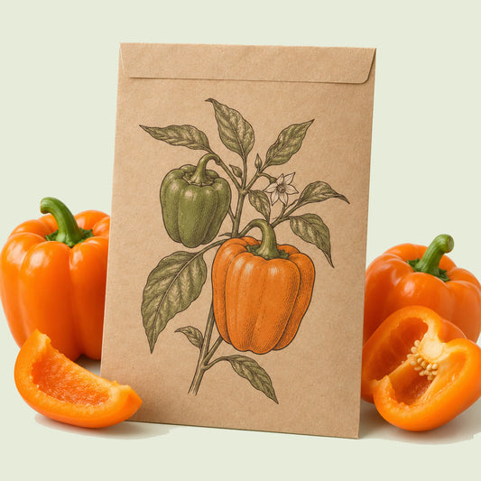 Kraft seed packet illustrated with Orange Sun Sweet Pepper, with fresh Orange Sun Sweet Pepper beside it