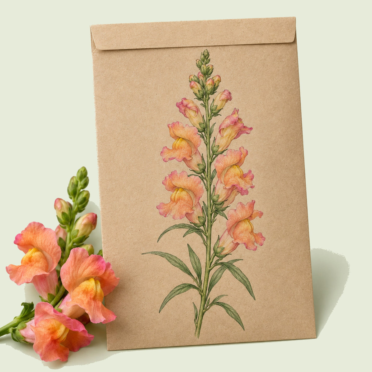 Kraft seed packet illustrated with Orange Wonder Snapdragon, with fresh Orange Wonder Snapdragon beside it