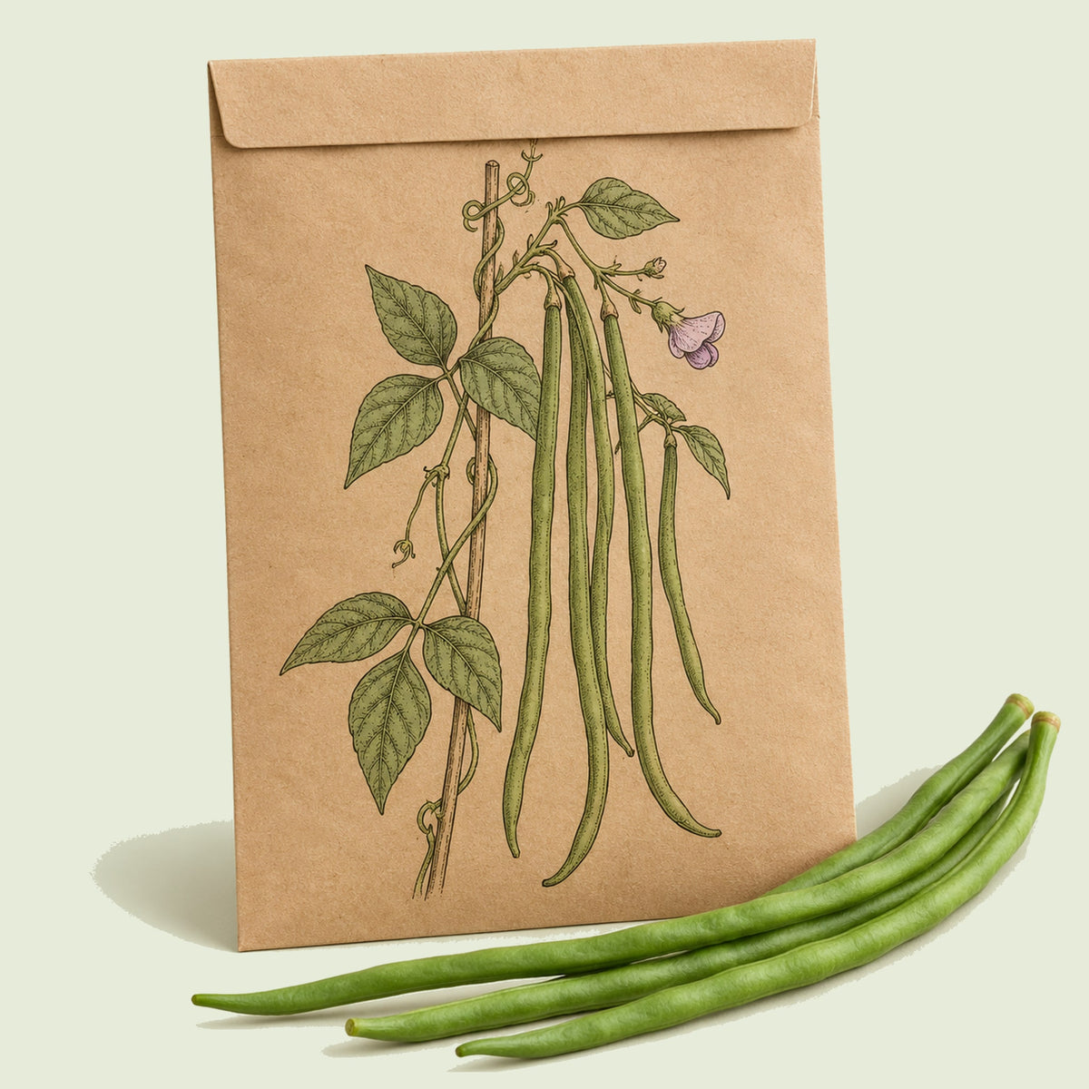Kraft seed packet illustrated with Orient Wonder Yard Long Bean, with fresh Orient Wonder Yard Long Bean beside it
