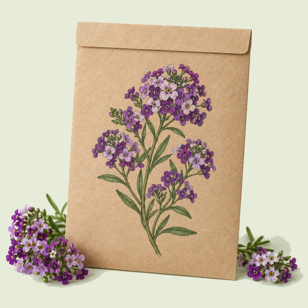 Kraft seed packet illustrated with Oriental Nights Sweet Alyssum, with fresh Oriental Nights Sweet Alyssum beside it