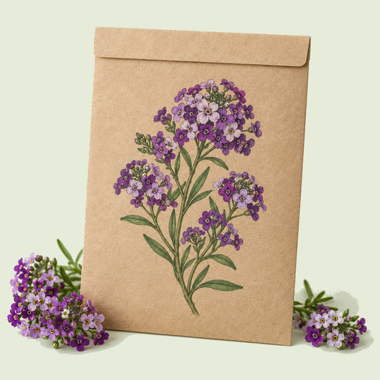 Kraft seed packet illustrated with Oriental Nights Sweet Alyssum, with fresh Oriental Nights Sweet Alyssum beside it
