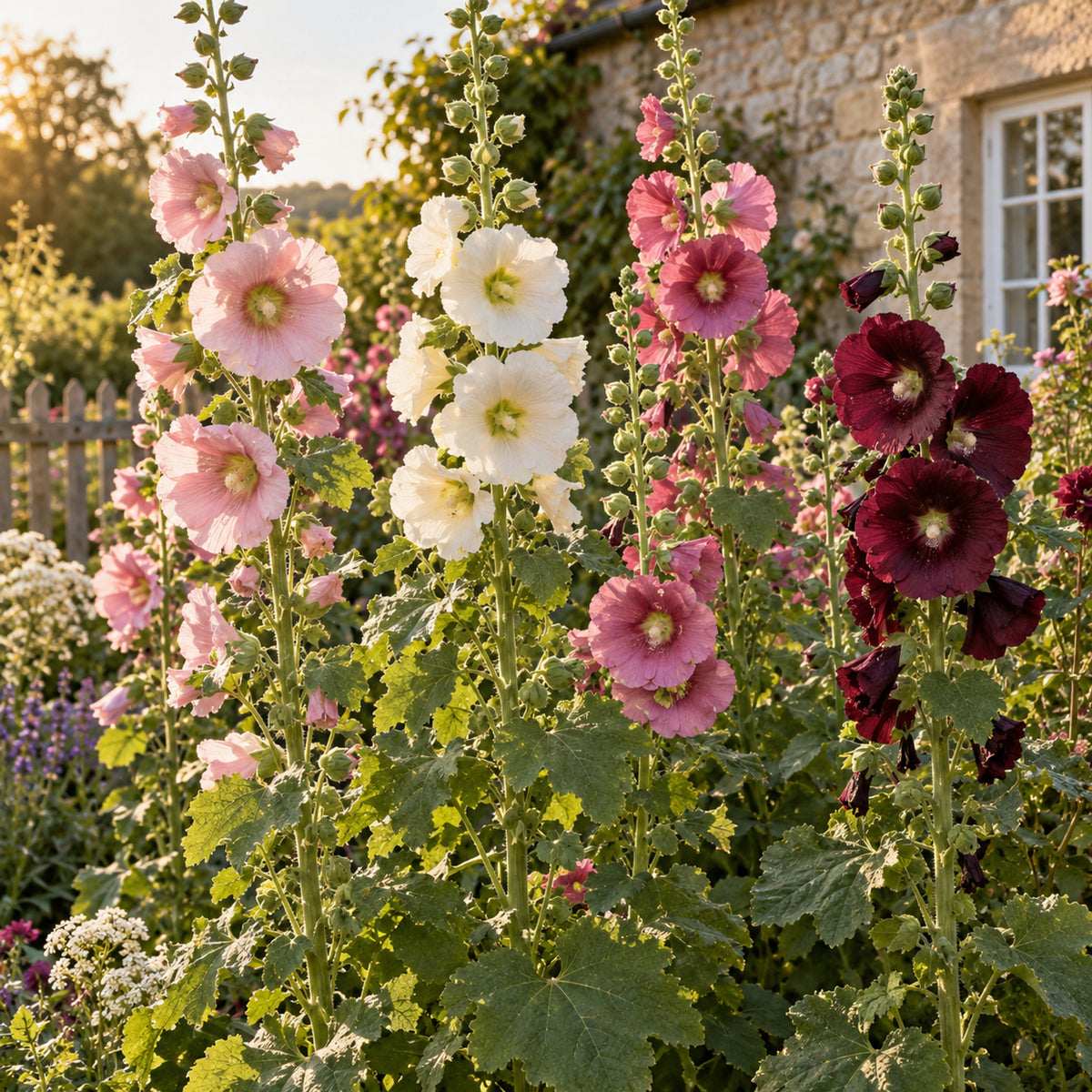 Outhouse Hollyhock Seeds growing in a home garden