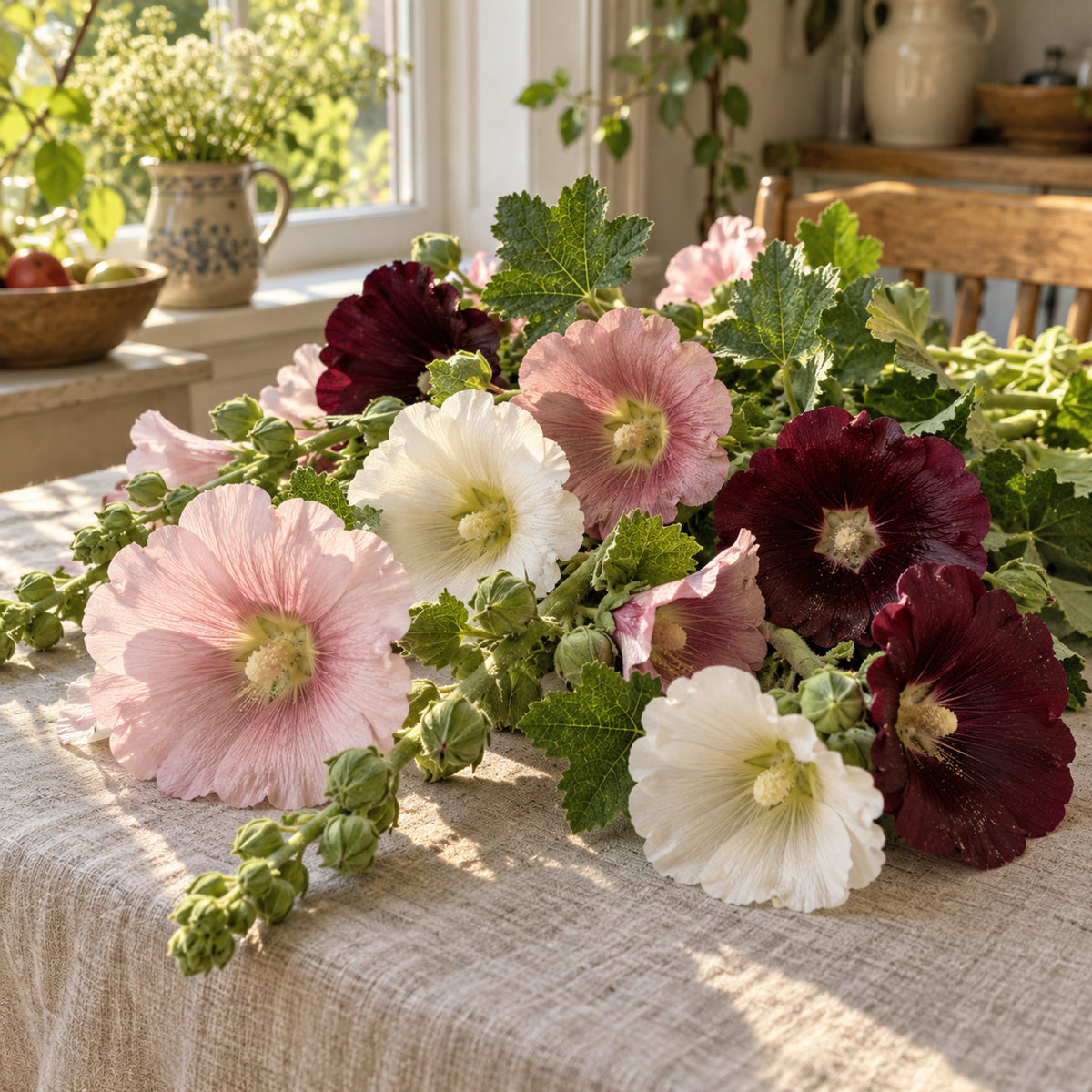 Outhouse Hollyhock Seeds harvest up close