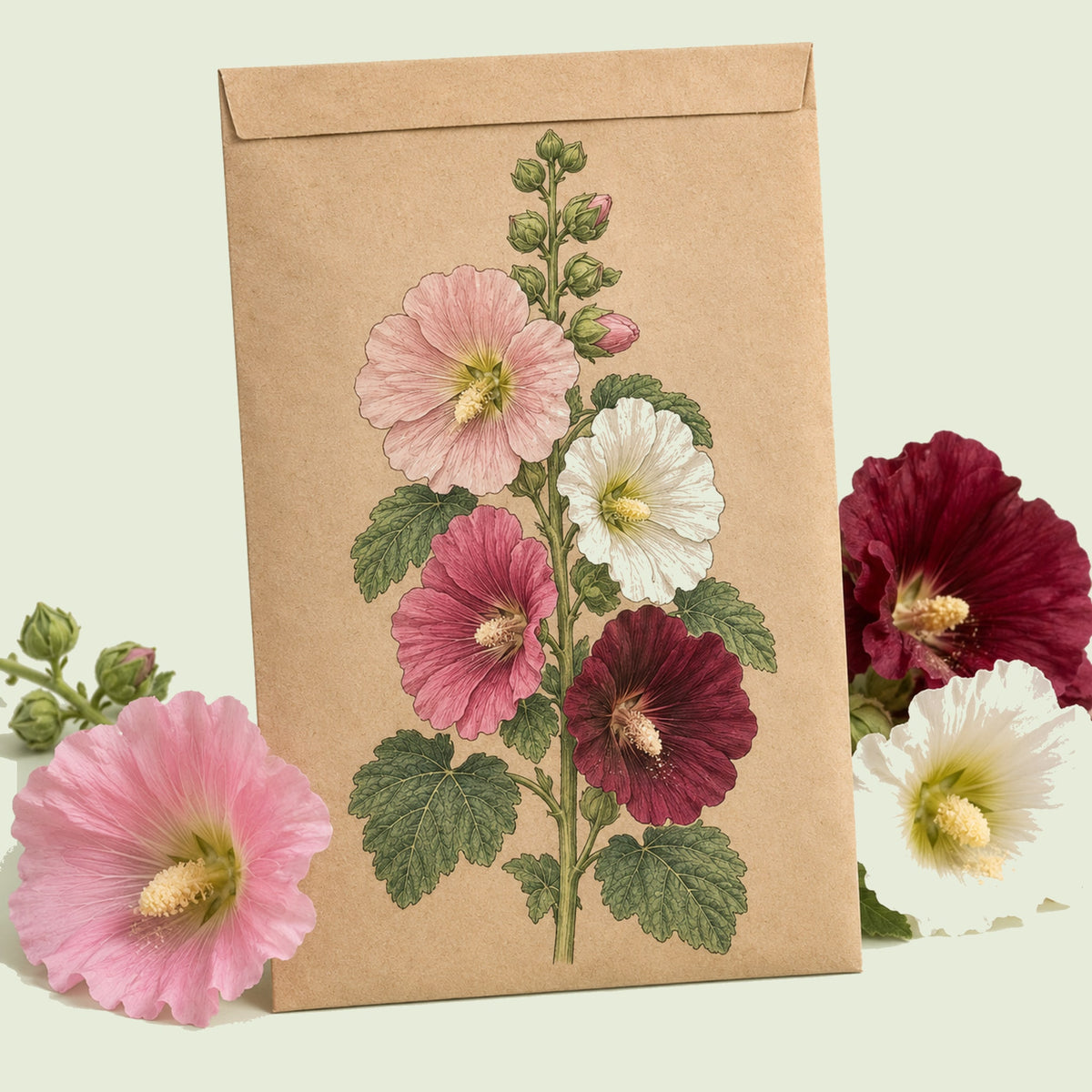 Kraft seed packet illustrated with Outhouse Hollyhock, with fresh Outhouse Hollyhock beside it