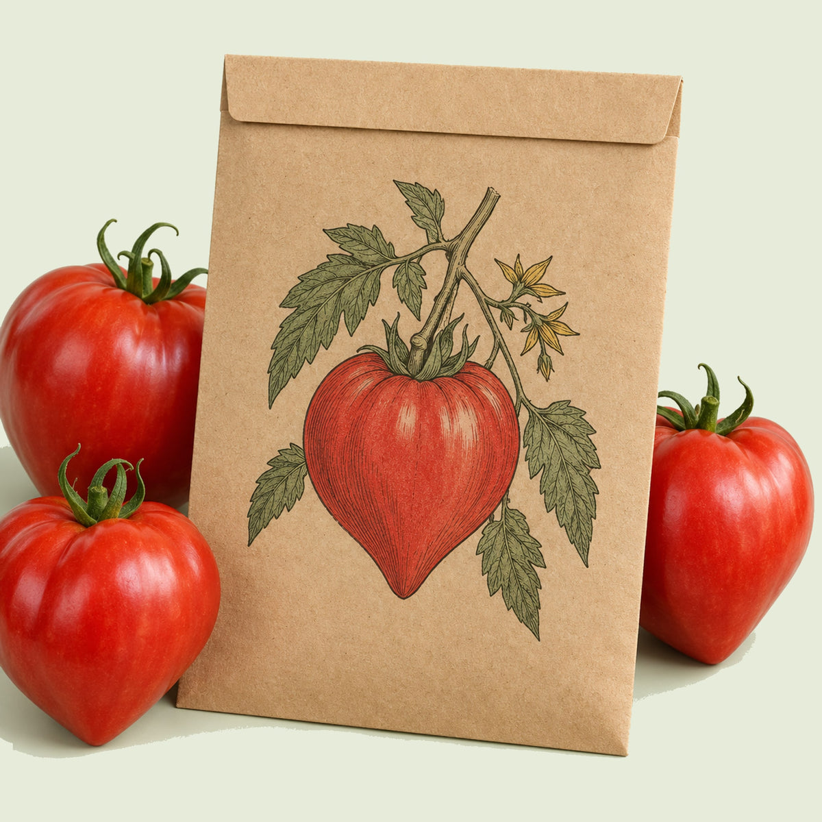 Kraft seed packet illustrated with Oxheart Pole Tomato, with fresh Oxheart Pole Tomato beside it