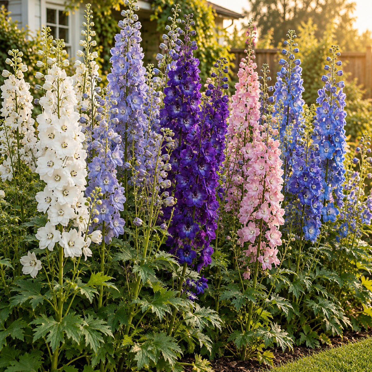 Pacific Giants Delphinium Blend Seeds growing in a home garden