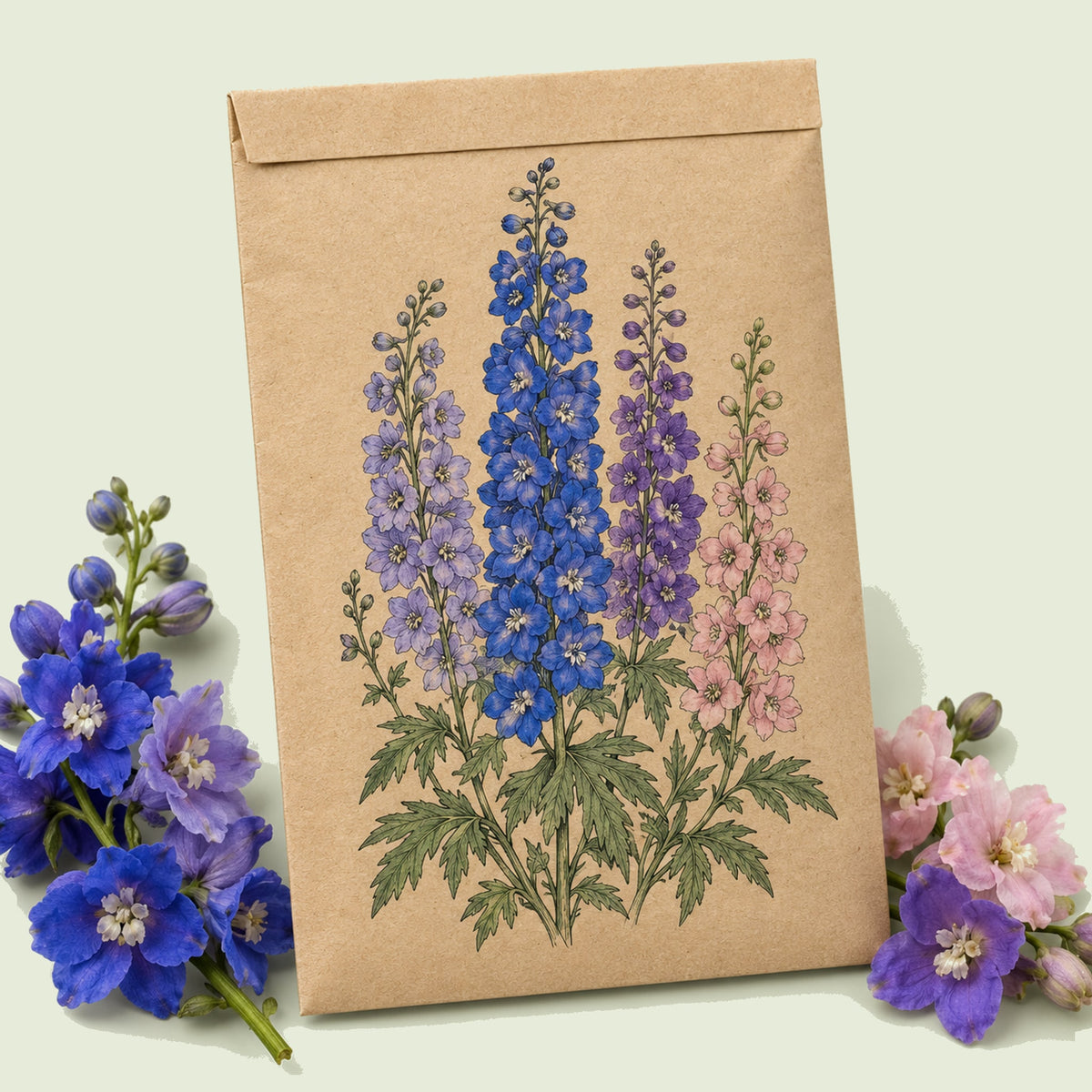 Kraft seed packet illustrated with Pacific Giants Delphinium Blend, with fresh Pacific Giants Delphinium Blend beside it