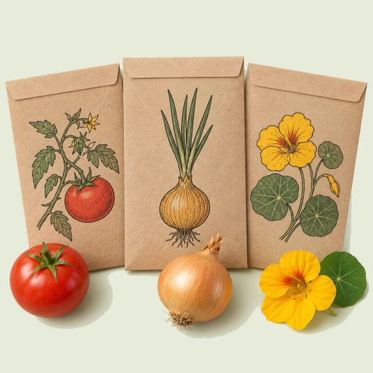 Kraft seed packet illustrated with Pacific Northwest Garden Seed Bundle, with fresh Pacific Northwest Garden Seed Bundle beside it