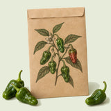 Kraft seed packet illustrated with Padron Chile Pepper, with fresh Padron Chile Pepper beside it