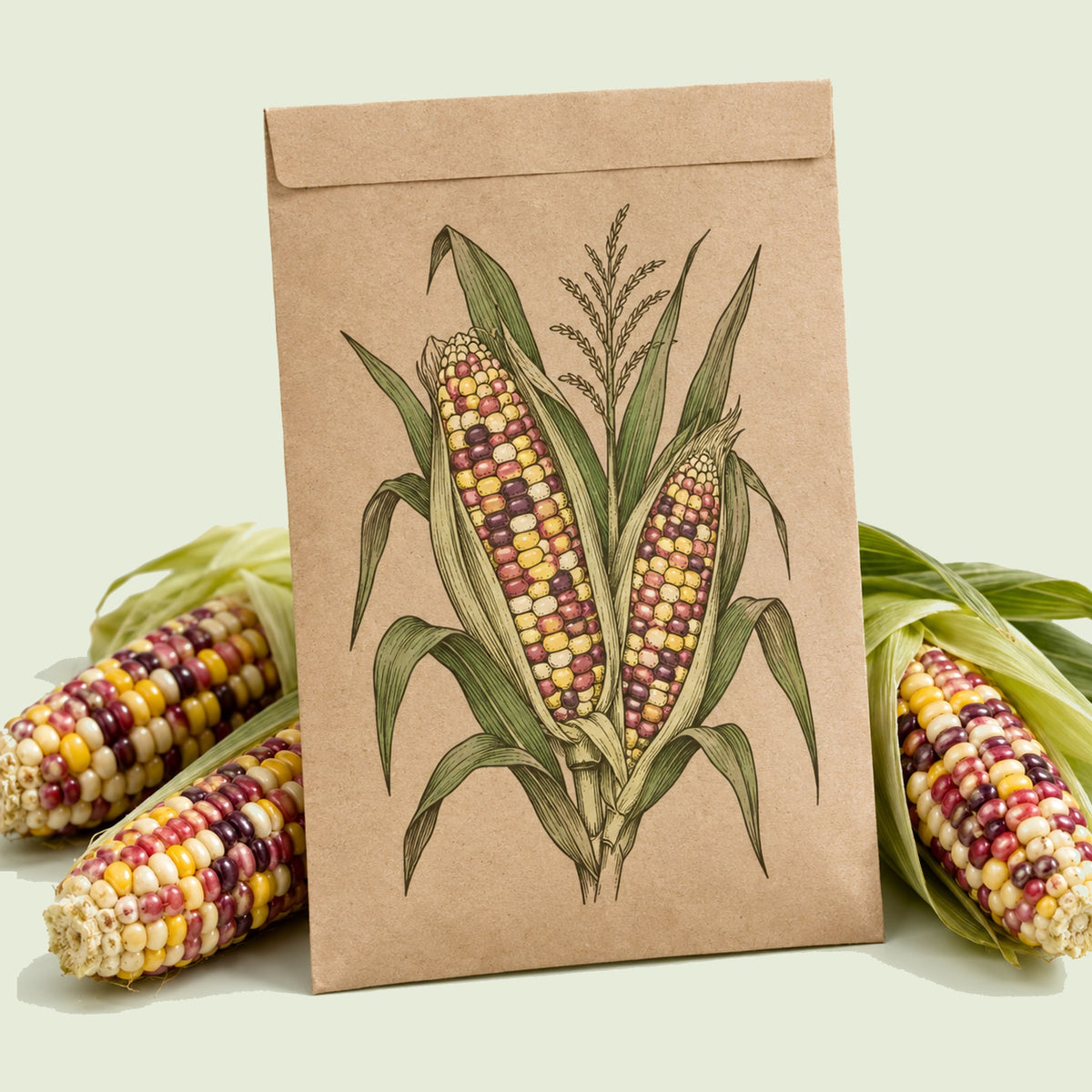 Kraft seed packet illustrated with Painted Hill Sweet Corn, with fresh Painted Hill Sweet Corn beside it