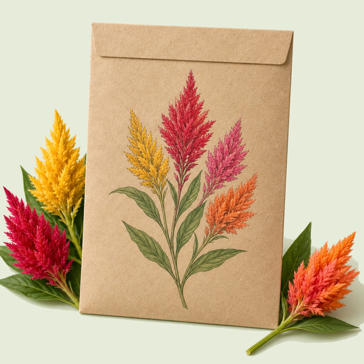 Kraft seed packet illustrated with Pampas Plume Celosia Blend, with fresh Pampas Plume Celosia Blend beside it
