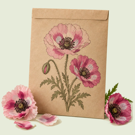 Kraft seed packet illustrated with Pandora Poppy, with fresh Pandora Poppy beside it