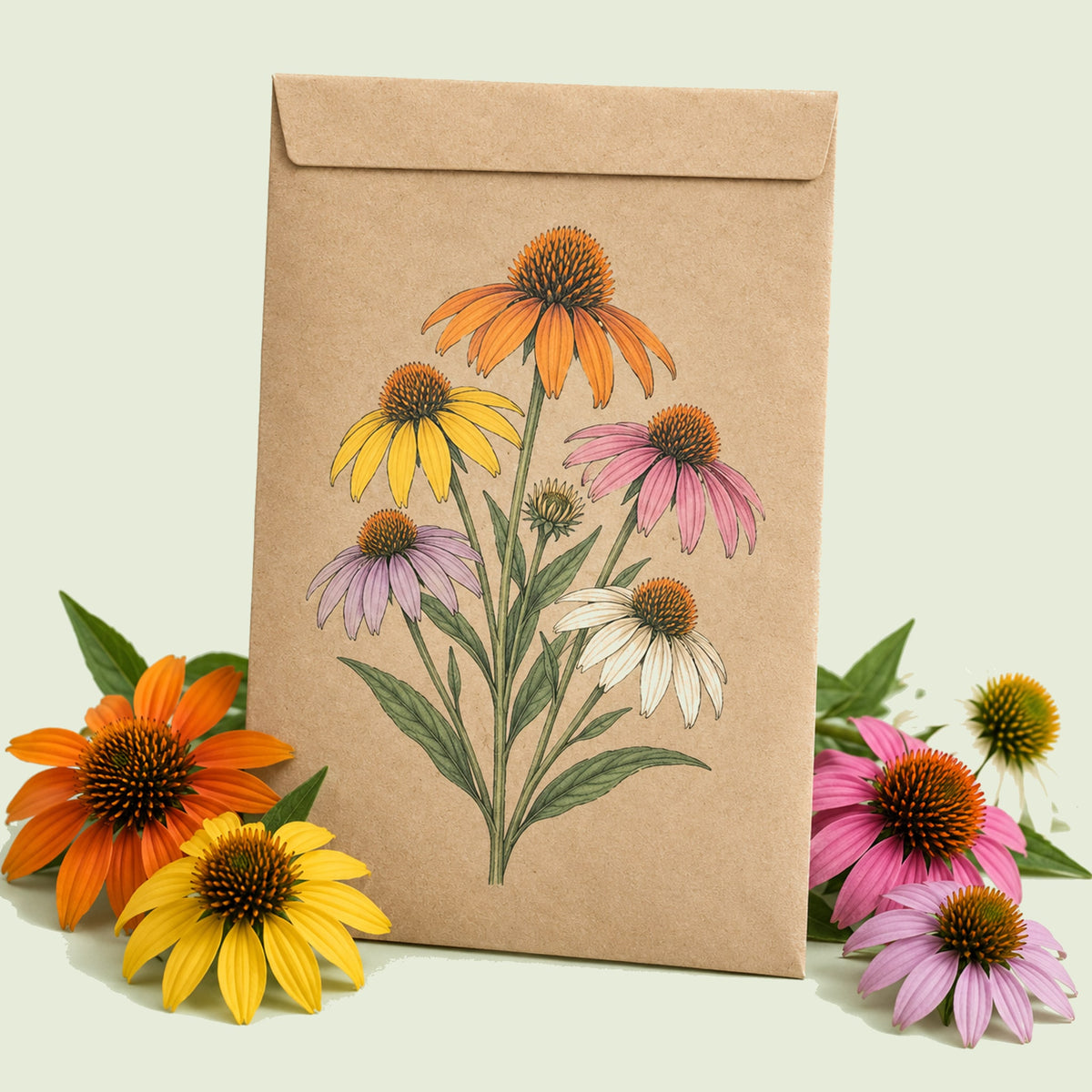 Kraft seed packet illustrated with Paradiso Dwarf Echinacea, with fresh Paradiso Dwarf Echinacea beside it