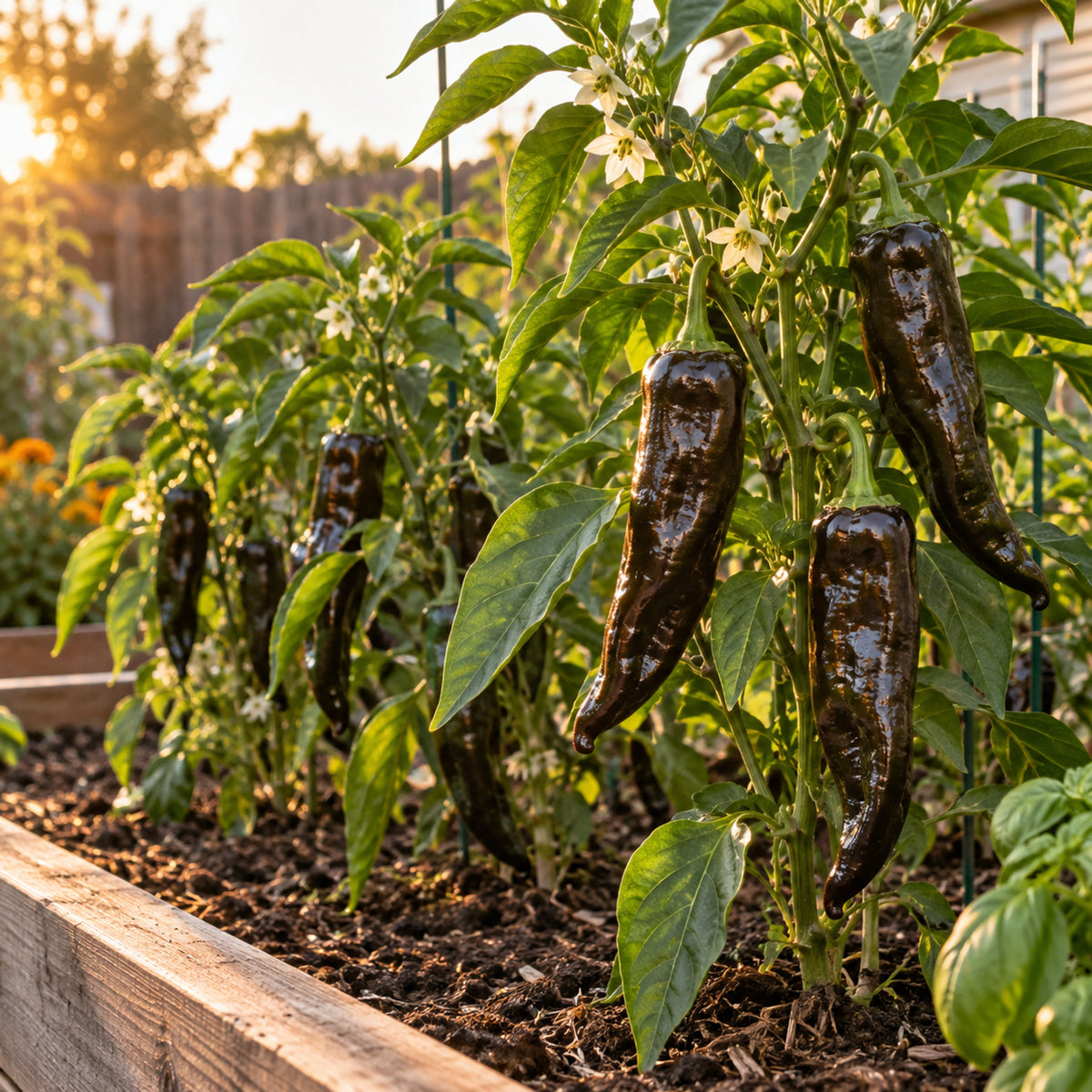 Pasilla Bajio Chile Pepper Seeds growing in a home garden