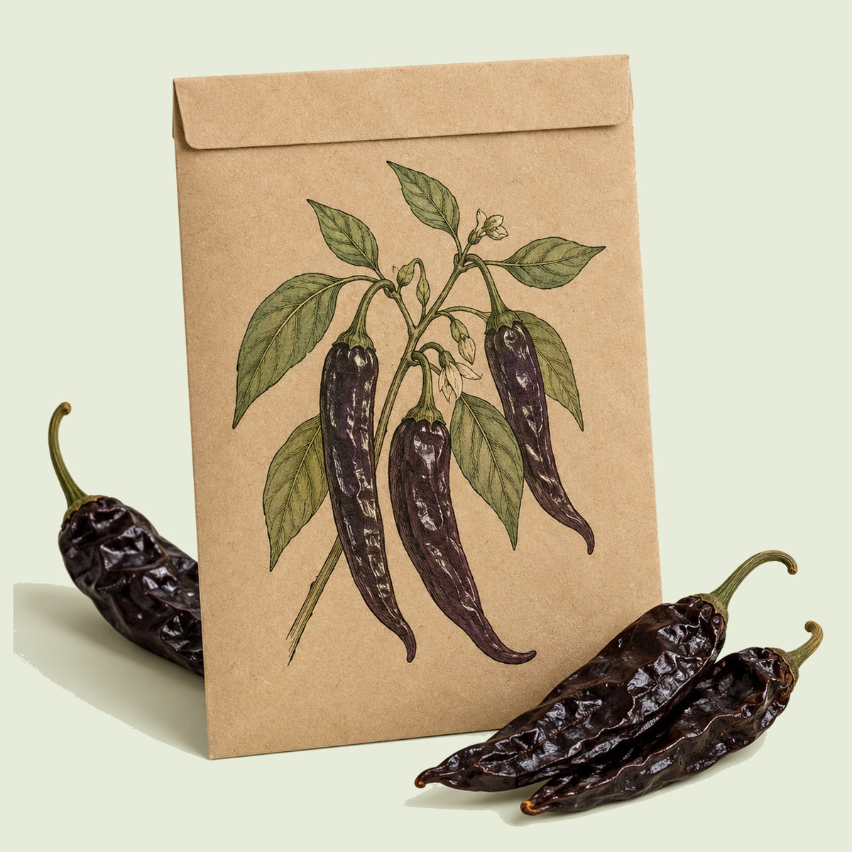 Kraft seed packet illustrated with Pasilla Bajio Chile Pepper, with fresh Pasilla Bajio Chile Pepper beside it