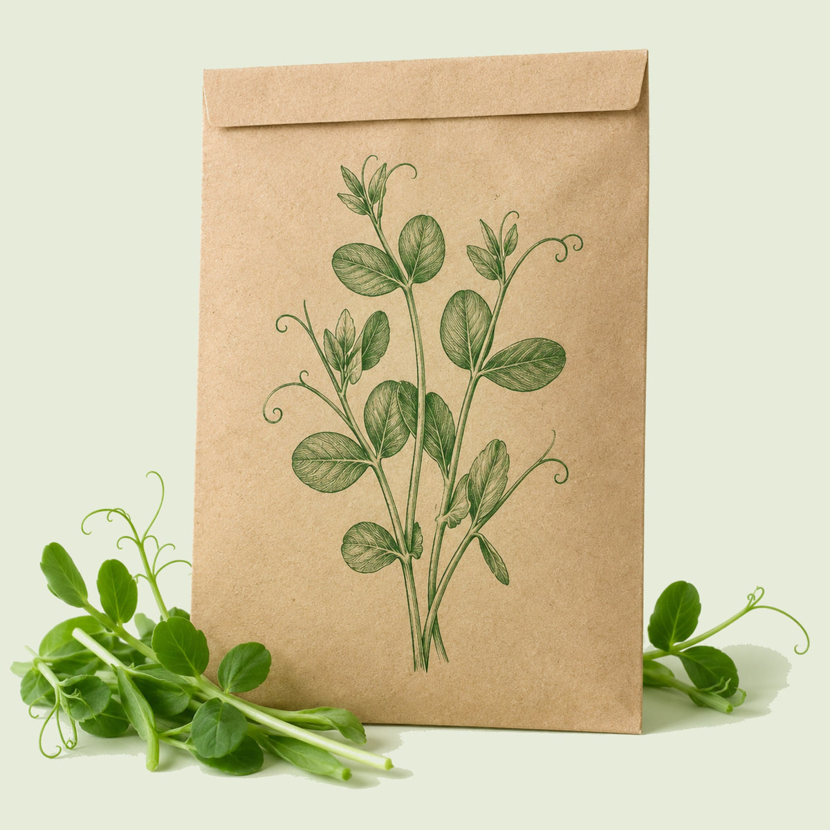 Kraft seed packet illustrated with Pea Shoots Baby Greens, with fresh Pea Shoots Baby Greens beside it