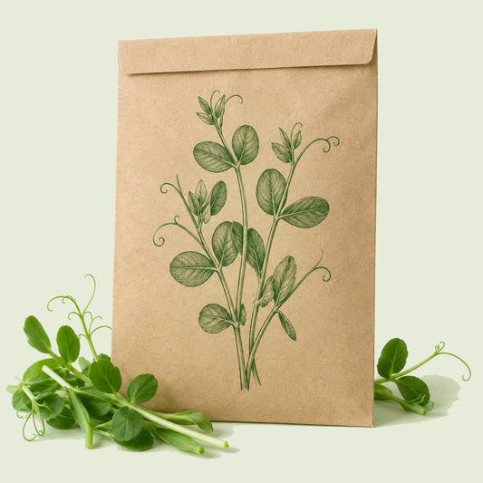 Kraft seed packet illustrated with Pea Shoots Baby Greens, with fresh Pea Shoots Baby Greens beside it