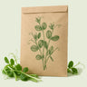 Kraft seed packet illustrated with Pea Shoots Baby Greens, with fresh Pea Shoots Baby Greens beside it