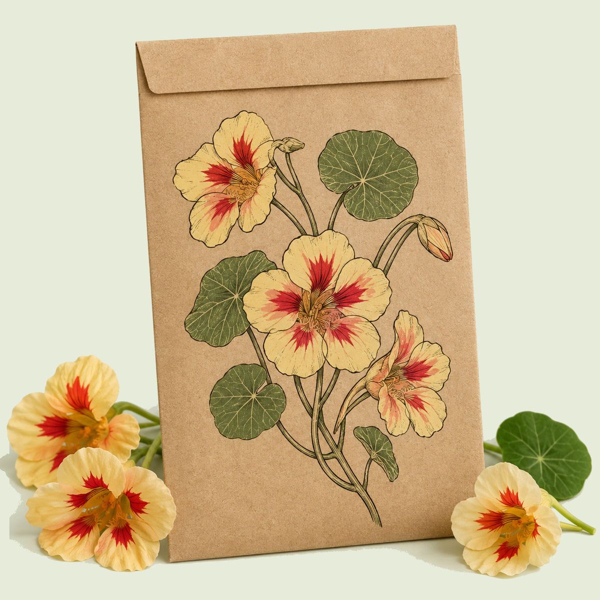 Kraft seed packet illustrated with Peach Melba Nasturtium, with fresh Peach Melba Nasturtium beside it