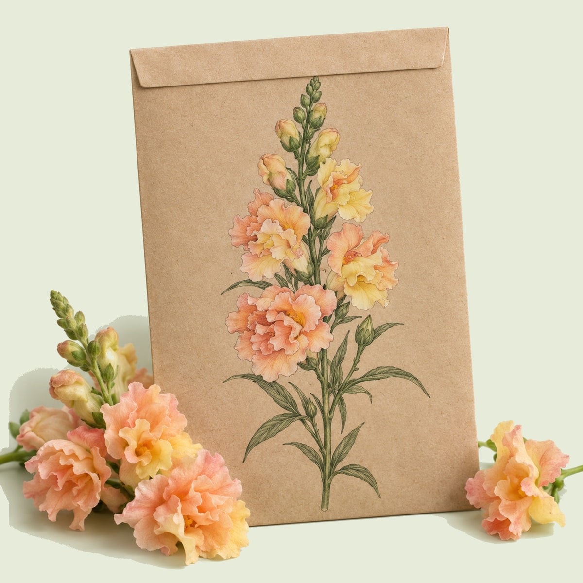Kraft seed packet illustrated with Peach Snapdragon, with fresh Peach Snapdragon beside it