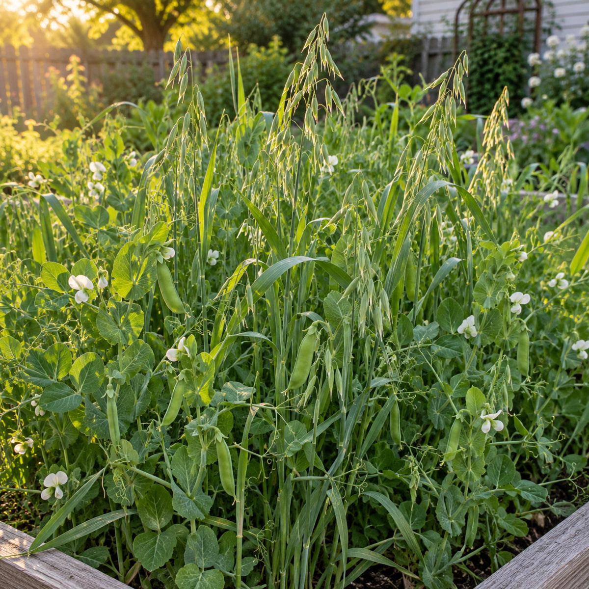 Peas and Oats Cover Crop Seeds growing in a home garden