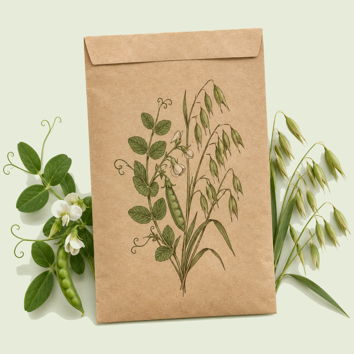 Kraft seed packet illustrated with Peas and Oats Cover Crop, with fresh Peas and Oats Cover Crop beside it