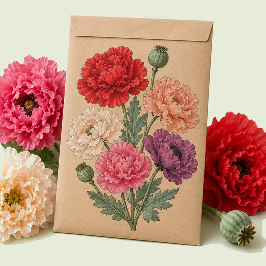 Kraft seed packet illustrated with Peony Double Poppy Blend, with fresh Peony Double Poppy Blend beside it